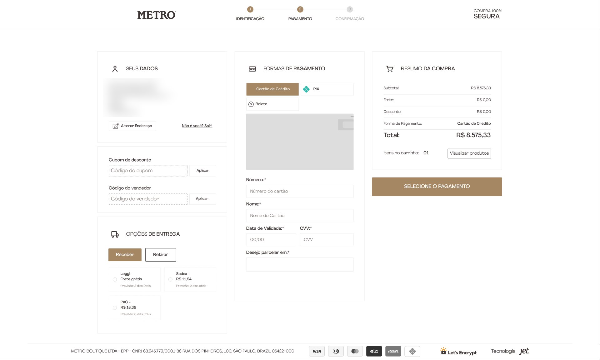 Etapa de pagamento do checkout com opções de entrega e resumo da compra