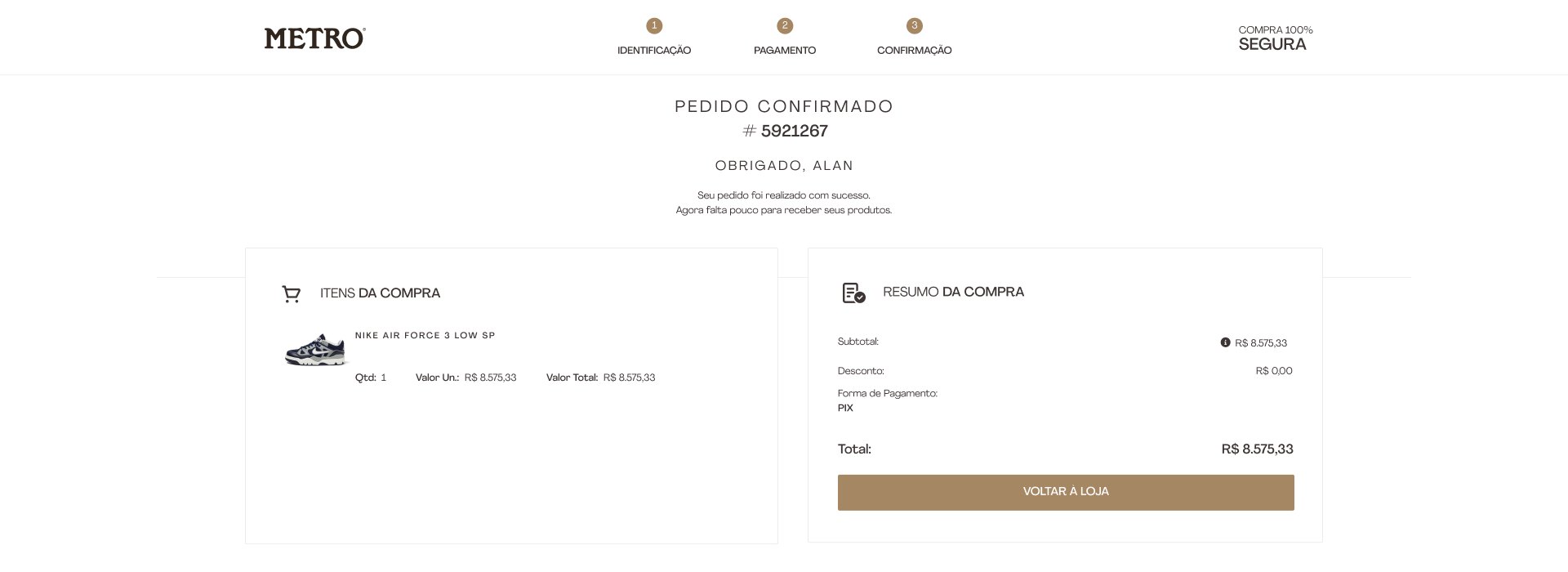 Tela de pedido confirmado